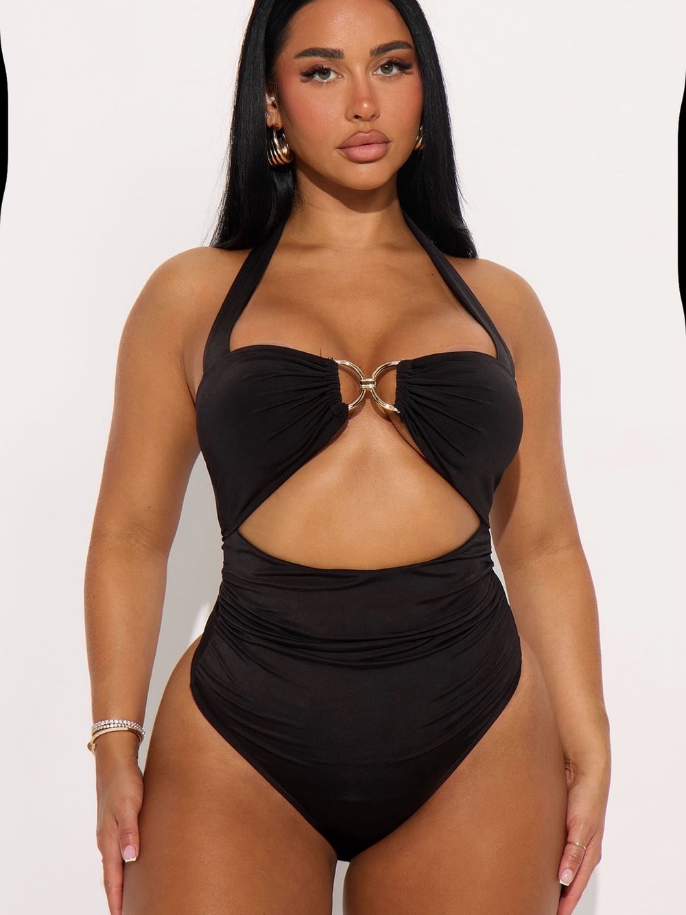 Black Cutout Bodysuit with Gold Ring - Picture 1 of 4